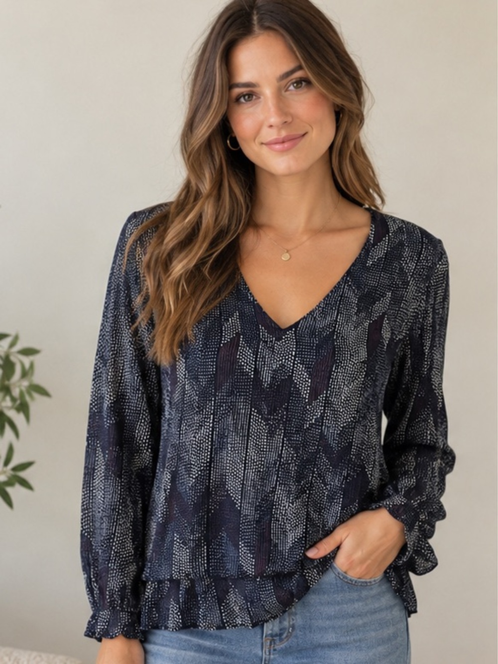 Anthropologie Cloth And Stone Geometric Blue Long Sleeve Blouse Sz Small